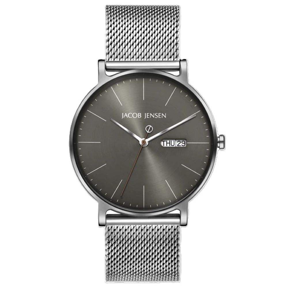 Jacob Jensen Herrenuhr Titan 169, graues Zifferblatt, Edelstahlband