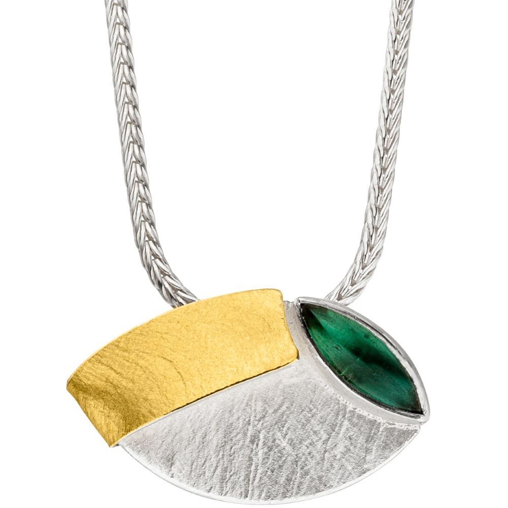 Collier Silber und Gold mit Edelsteinschliff Navette grüner Turmalin  (K1329TUw)