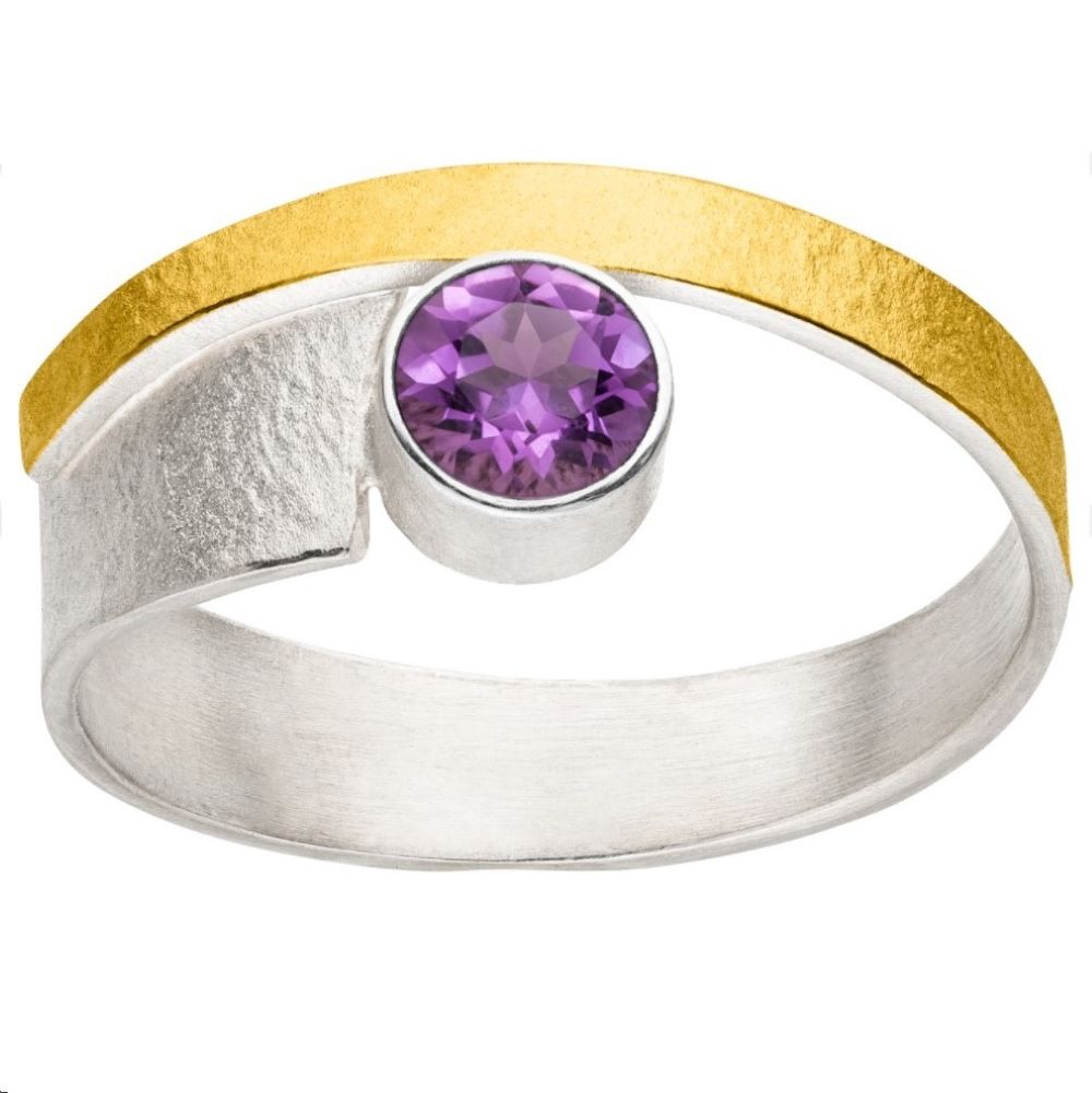 Ring Silber mit Gold und Edelstein Amethyst  (R1388Amw)